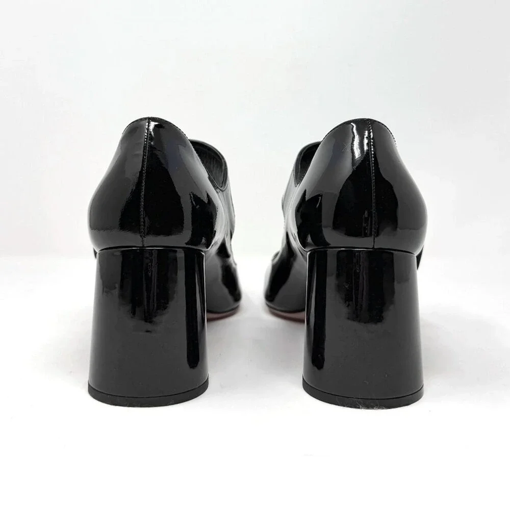 Prada Black Patent Mary Jane‎ Heels Silver Buckle Block Pumps 38.5